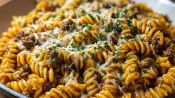 Cheesy Rotini Pasta with Garlic Butter Sauce and Ground Beef