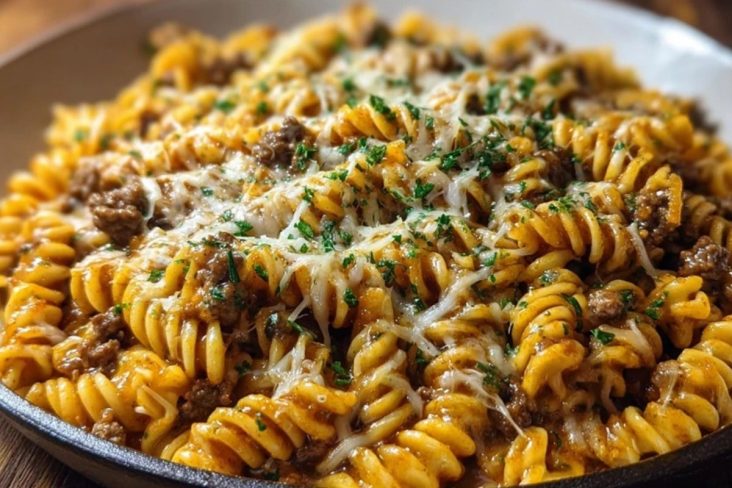 Cheesy Rotini Pasta with Garlic Butter Sauce and Ground Beef