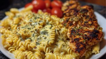 Cheesy Velveeta Chicken Twisted Pasta with Mozzarella Garlic Sauce