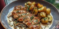 Chestnut Garlic Greek Chicken Alfredo with Sage Potatoes & Mushroom Basil Pesto