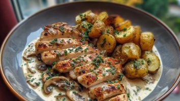 Chestnut Garlic Greek Chicken Alfredo with Sage Potatoes & Mushroom Basil Pesto
