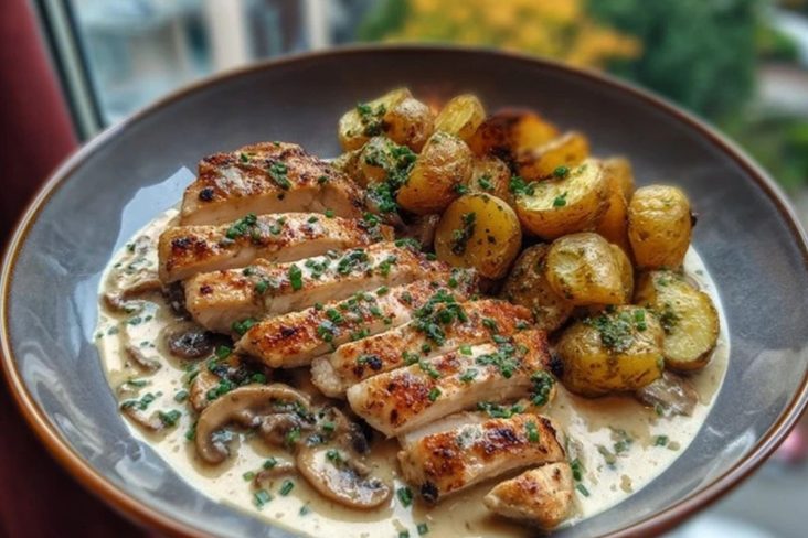 Chestnut Garlic Greek Chicken Alfredo with Sage Potatoes & Mushroom Basil Pesto
