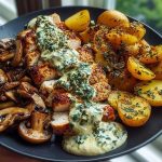 Chestnut Garlic Greek Chicken Alfredo with Sage Potatoes & Mushroom Pesto Cream