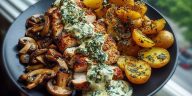 Chestnut Garlic Greek Chicken Alfredo with Sage Potatoes & Mushroom Pesto Cream