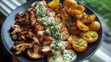Chestnut Garlic Greek Chicken Alfredo with Sage Potatoes & Mushroom Pesto Cream