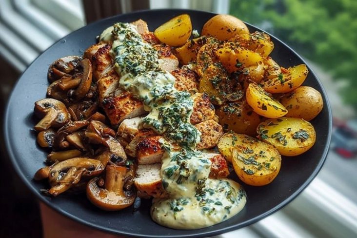 Chestnut Garlic Greek Chicken Alfredo with Sage Potatoes & Mushroom Pesto Cream