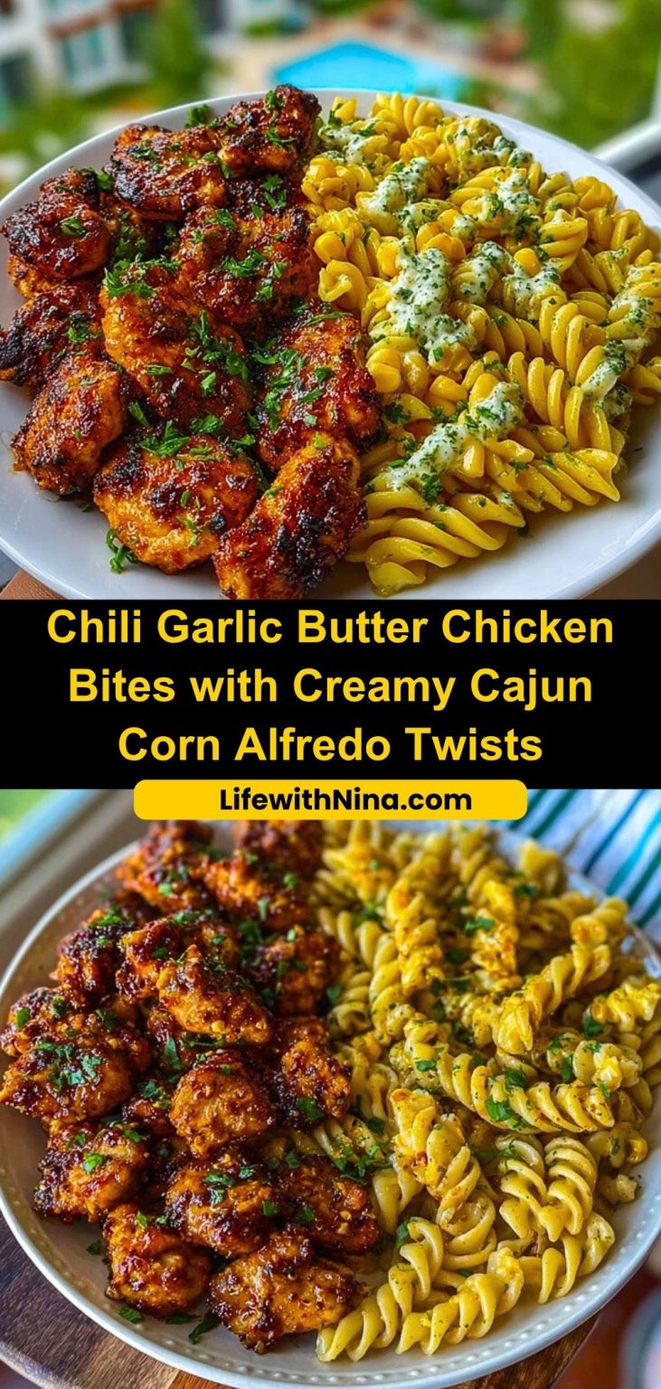 Chili Garlic Butter Chicken Bites with Creamy Cajun Corn Alfredo Twists