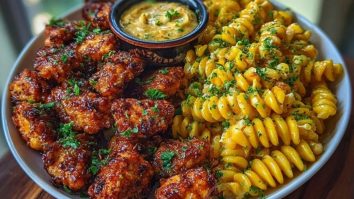Chili Garlic Butter Chicken Bites with Creamy Cajun Corn Alfredo Twists