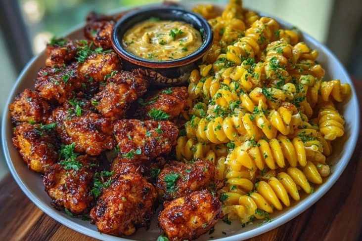 Chili Garlic Butter Chicken Bites with Creamy Cajun Corn Alfredo Twists