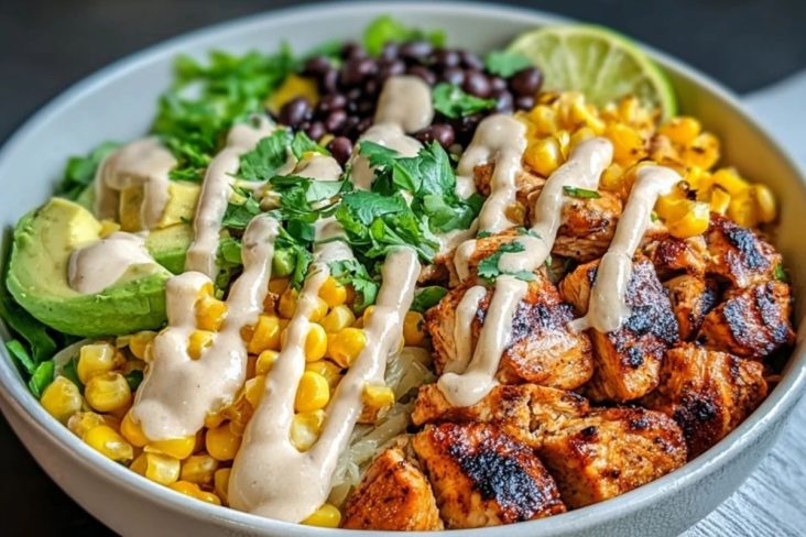 Chipotle Chicken Bowl with Black Beans, Corn, & Creamy Sauce