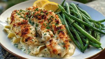 Coconut-Lemon Chicken Alfredo with Chili Feta Cream & Crispy Parmesan Green Beans
