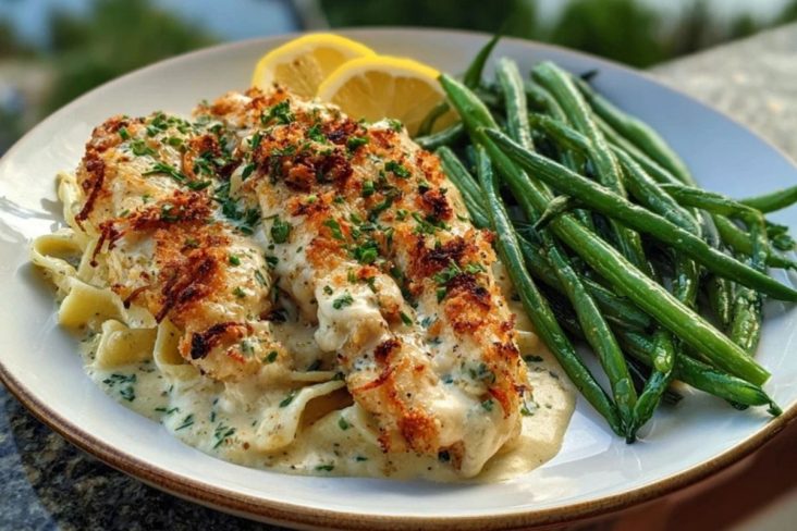 Coconut-Lemon Chicken Alfredo with Chili Feta Cream & Crispy Parmesan Green Beans