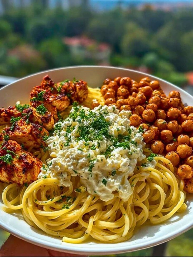 Creamy Cajun Chicken Pasta with Whipped Roasted Garlic Feta & Crispy Chickpeas
