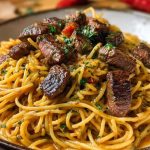 Creamy Cajun Garlic Butter Spaghetti with Beef Strips