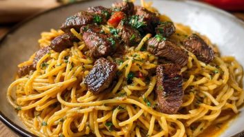 Creamy Cajun Garlic Butter Spaghetti with Beef Strips