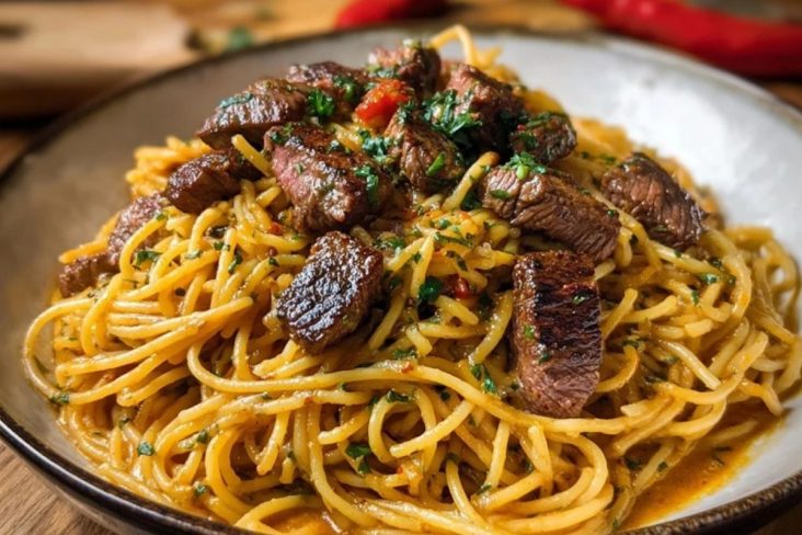 Creamy Cajun Garlic Butter Spaghetti with Beef Strips