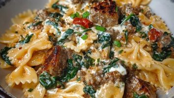 Creamy Garlic Butter Beef Bowtie Pasta with Italian Sausage & Spinach