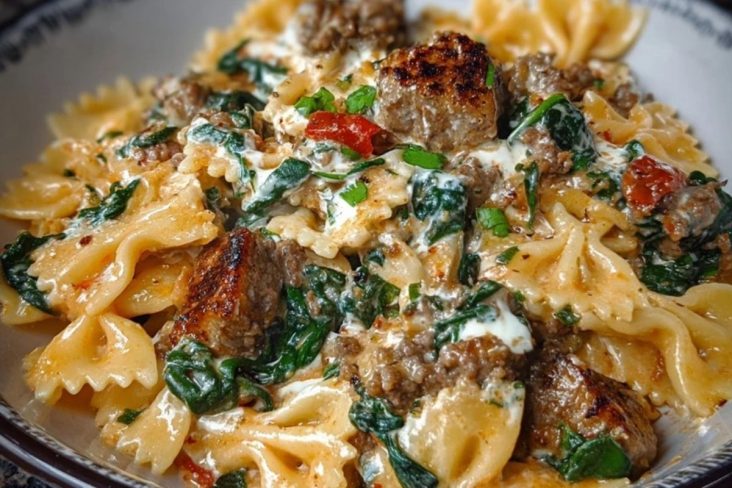 Creamy Garlic Butter Beef Bowtie Pasta with Italian Sausage & Spinach