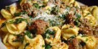 Creamy Garlic Butter Beef Tortellini with Italian Sausage & Spinach