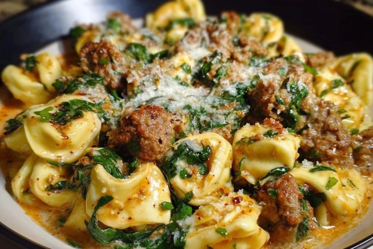 Creamy Garlic Butter Beef Tortellini with Italian Sausage & Spinach