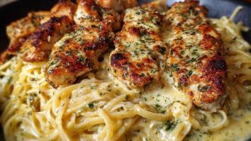 Creamy Garlic Butter Chicken & Linguine in Alfredo Sauce