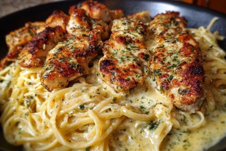 Creamy Garlic Butter Chicken & Linguine in Alfredo Sauce
