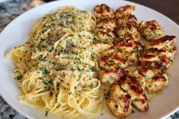 Creamy Garlic Parmesan Chicken with Cheesy Spaghetti