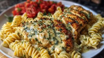 Creamy Garlic Parmesan Chicken with Cheesy Twisted Pasta