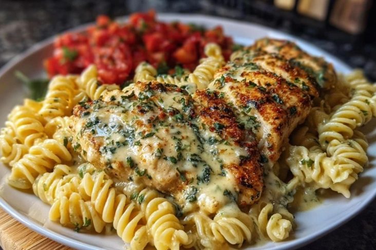 Creamy Garlic Parmesan Chicken with Cheesy Twisted Pasta