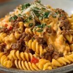 Creamy Mozzarella Rotini with Spicy Cajun Beef and Velveeta Sauce