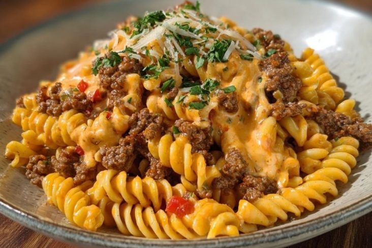 Creamy Mozzarella Rotini with Spicy Cajun Beef and Velveeta Sauce