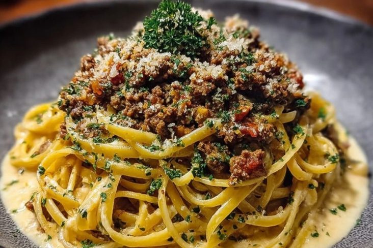 Creamy Parmesan Beef Linguine with Garlic Butter Sauce