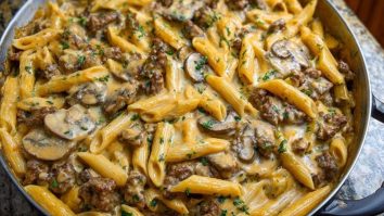 Creamy Velveeta Beef Stroganoff and Penne Pasta