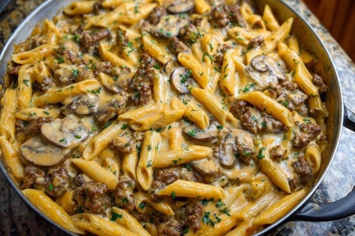 Creamy Velveeta Beef Stroganoff and Penne Pasta