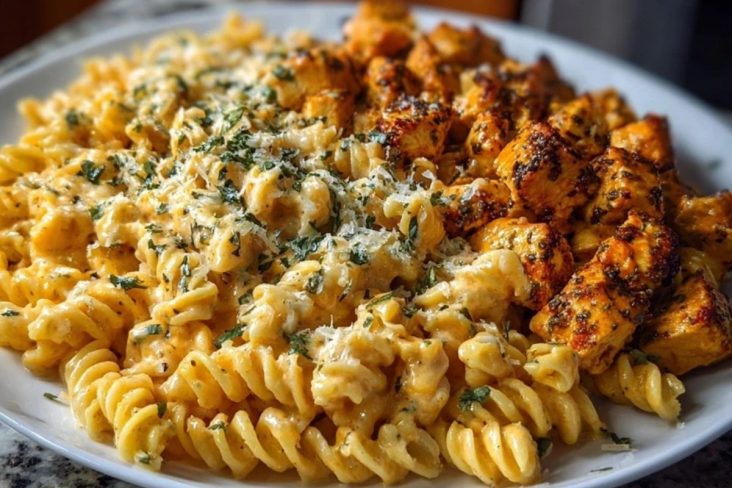 Creamy Velveeta Chicken Rotini Pasta with Mozzarella Garlic Cheese Sauce