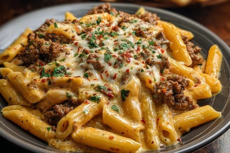Creamy Velveeta Penne Pasta Recipe with Cajun Beef Alfredo Sauce