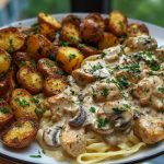 Delicious Creamy Mushroom Garlic Chicken Alfredo with Hot Honey Roasted Potatoes