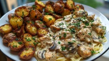 Delicious Creamy Mushroom Garlic Chicken Alfredo with Hot Honey Roasted Potatoes