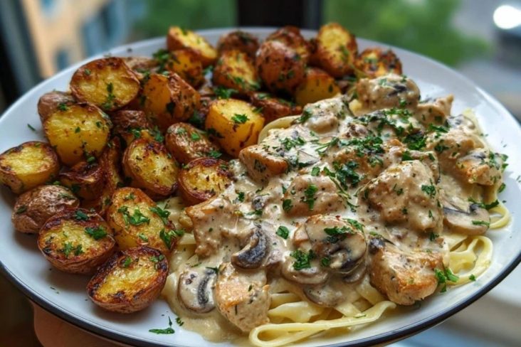 Delicious Creamy Mushroom Garlic Chicken Alfredo with Hot Honey Roasted Potatoes