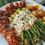 Delicious Greek Chili Chicken Alfredo with Smoked Feta Cream & Crispy Parmesan Asparagus