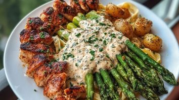 Delicious Greek Chili Chicken Alfredo with Smoked Feta Cream & Crispy Parmesan Asparagus