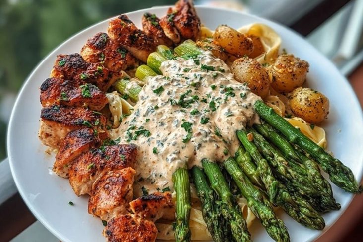 Delicious Greek Chili Chicken Alfredo with Smoked Feta Cream & Crispy Parmesan Asparagus