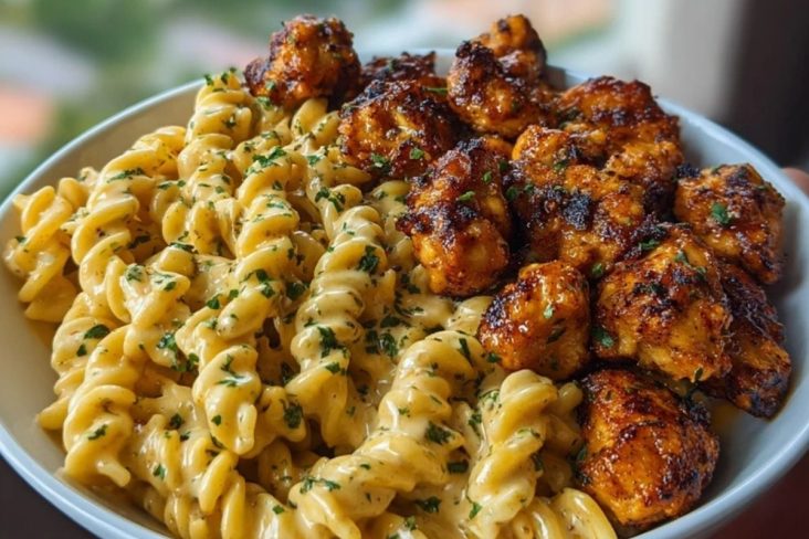Garlic Butter Chicken Bites with Spicy Cajun Alfredo Twisted Pasta