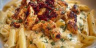 Garlic Butter Chicken Penne with Creamy Three-Cheese Sauce