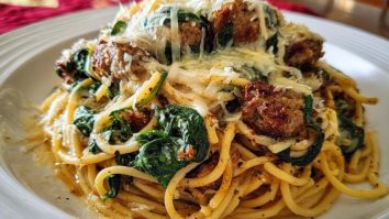 Garlic Butter Spaghetti with Cheesy Italian Sausage and Spinach