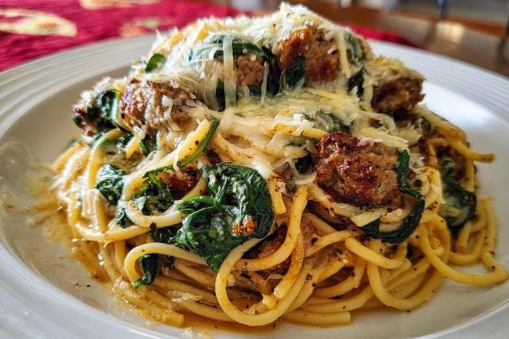 Garlic Butter Spaghetti with Cheesy Italian Sausage and Spinach