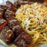 Garlic Butter Steak with Cheesy Linguine in Four-Cheese Sauce