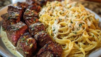 Garlic Butter Steak with Cheesy Linguine in Four-Cheese Sauce
