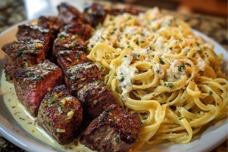 Garlic Butter Steak with Cheesy Linguine in Four-Cheese Sauce