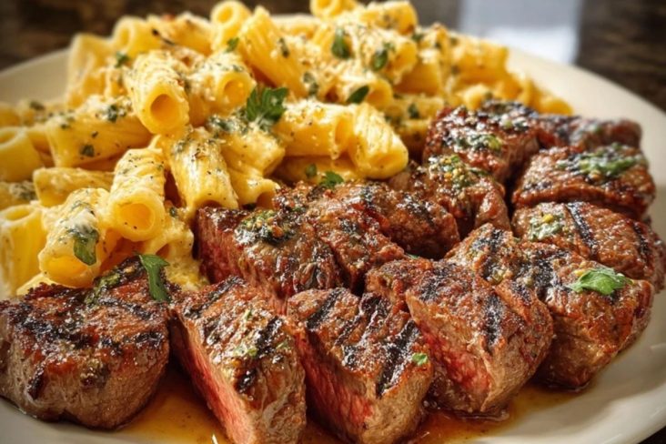 Garlic Butter Steak with Creamy Parmesan Rigatoni